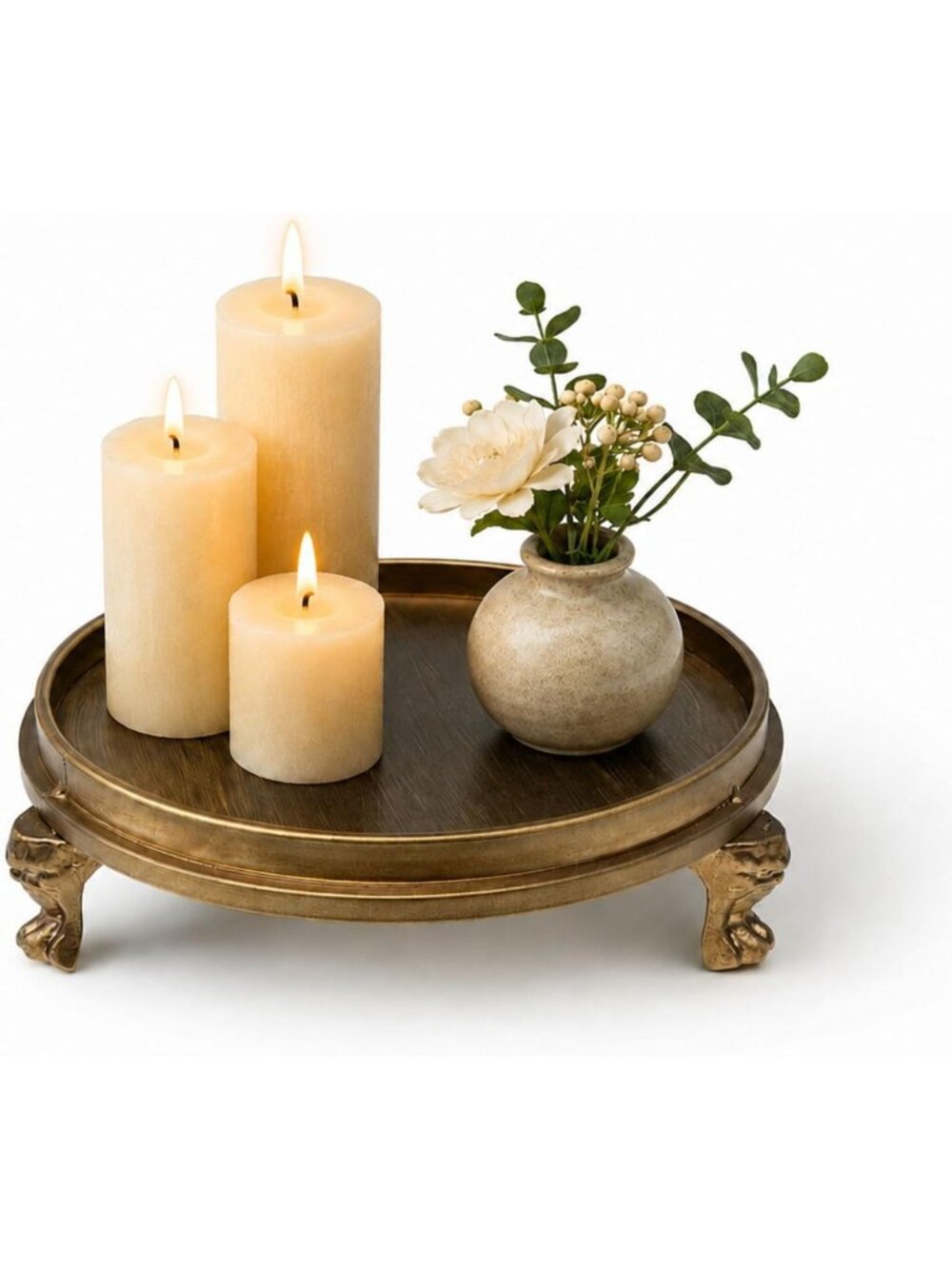Vintage Brass Clawfoot Tray | Round Pedestal Candle Holder & Jewelry Dish Decor